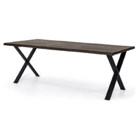 Exxet matbord rökt vildek i ruff stil med naturkant och X-ben. Tillverkas av Torkelson.