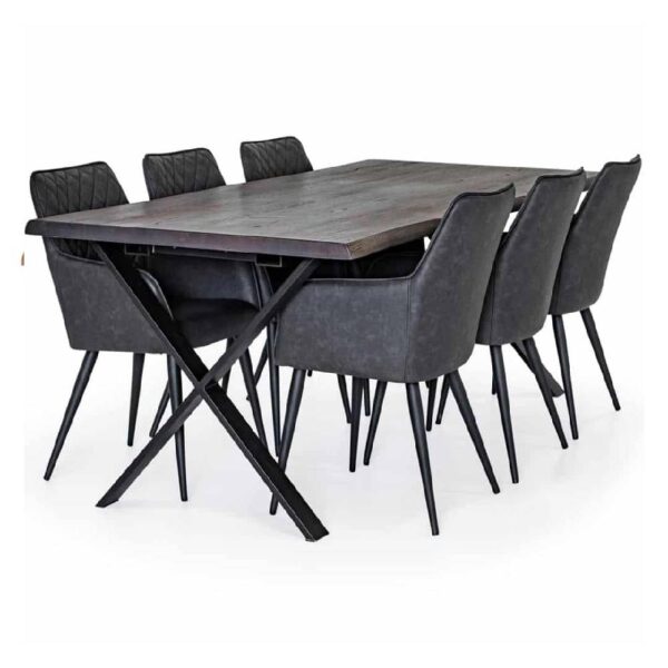 Exxet matbord rökt vildek i ruff stil med naturkant och X-ben samt 6 stolar Nova i mörkgrå PU. Tillverkas av Torkelson.