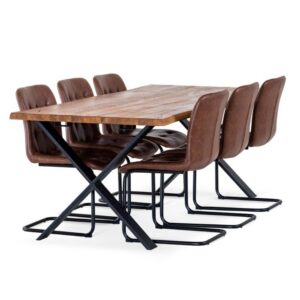 Exxet matbord oljad vildek i ruff stil med naturkant och X-ben samt 6 stolar Fred i brun PU. Tillverkas av Torkelson.