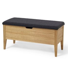 Klinte bänk 92cm i ek med lock klätt i mörkgrått ulltyg från Torkelson har förvaring under sitsen.