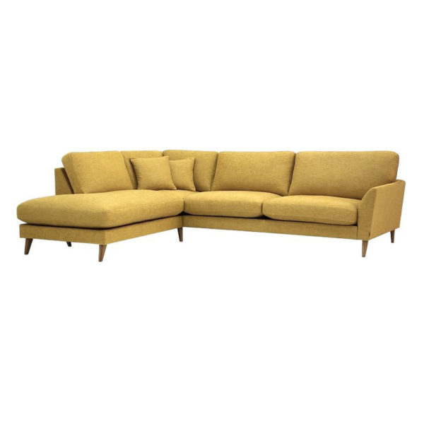 Fly Delux soffa är en byggbar modulvariant från Burhéns med härlig dunstoppning. Här med öppet avslut i en pigg gul färg.
