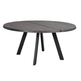 Fred mörkbrunt runt matbord 160cm från Rowico har kraftig delad massiv bordsskiva med borstad yta samt metallben.