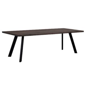 Fred brunt matbord 240 cm från Rowico har tvådelad bordsskiva i massiv ek. Lackad med borstad bordsskiva som har en snygg snett fasad kant. Benen består av svart metall.