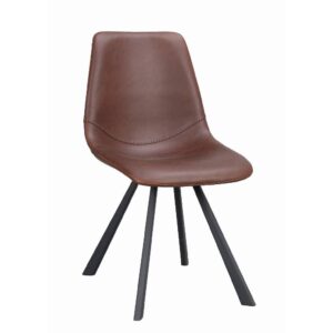 Auburn stol med brun konstlädersits och svarta lätt utställda metallben tillverkas av Rowico. Sitsen har dekorativa sömmar och hög sittkomfort.