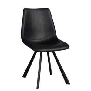 Auburn stol med svart konstlädersits och svarta lätt utställda metallben tillverkas av Rowico. Sitsen har dekorativa sömmar och hög sittkomfort.