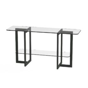 Brutus avlastningsbord Dark Oak med stilrent svart underrede och två glasskivor. Enkel och luftig design. Från Englesson.