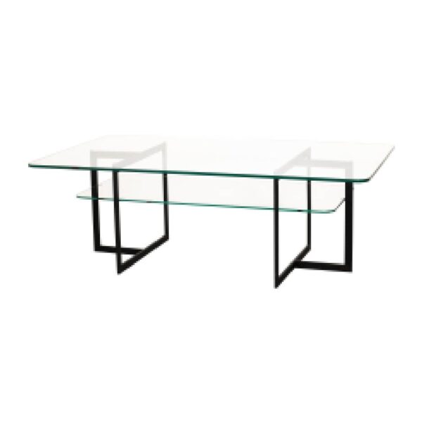 Square soffbord med stilrent underrede i svart metall och två glasskivor. Enkel och luftig design. Från Englesson.