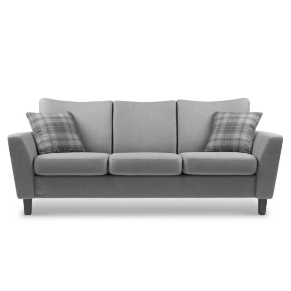 3-sits soffa System+ med armstöd Julia. Klädd i grått tyg, tillverkad av Brunstad.