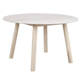 Runt matbord Taransay, från Rowico. Vitpigmenterad stomme med toppskiva i sandfärgad travertin.