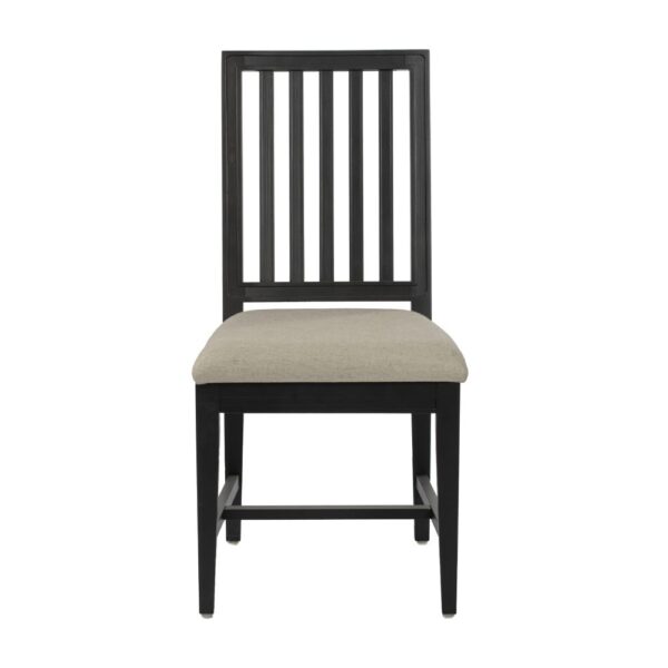 Englessons snygga stol Classic med stomme i svart med ribbad rygg och sits klädd i beige tyg.