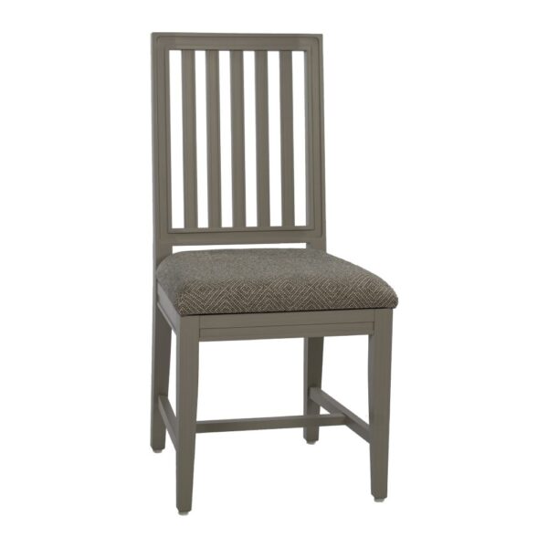 Englessons snygga stol Classic med stomme i grått med ribbad rygg och sits klädd i tyg Westray.