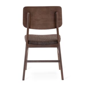 Vy på baksida av stol Stevie i rökbetsad lackad ek med brun tygsits. Tillverkad av Torkelson.