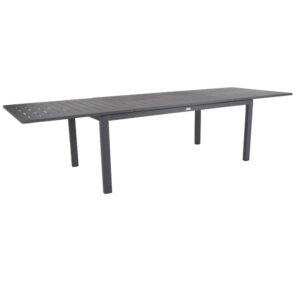 Lomma aluminiumbord med butterfly förlängning. Här med iläggsskivan uppe. Generöst bord från Brafab.