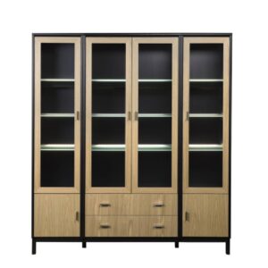 4-dörrars vitrinskåp Regal Wood svart/ek med LED-belysning. Regal är en byggbar modulbokhylla med många möjligheter.