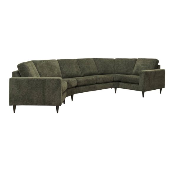Twist svängd soffa från Burhéns. Soffa med grund bekväm sittkomfort. Här i grönt tyg.