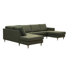 Vinklad vy av Twist U-soffa från Burhéns. Soffa med öppet avslut och divan. Här i grönt tyg.
