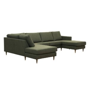 Vinklad vy av Twist U-soffa från Burhéns. Soffa med öppet avslut och divan. Här i grönt tyg.