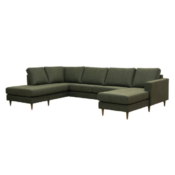 Vinklad vy av Twist U-soffa från Burhéns. Soffa med öppet avslut och divan. Här i grönt tyg.