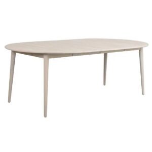 Tyler runt matbord i vitoljad ek från Rowico. Två iläggsskivor monterade.