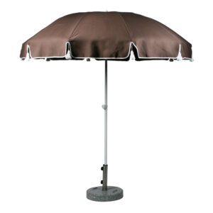 Parasoll från Fri Form i brunt dralontyg och dekorativa tofsar.