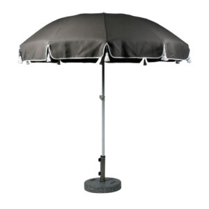 Parasoll från Fri Form i grått dralontyg och dekorativa tofsar.