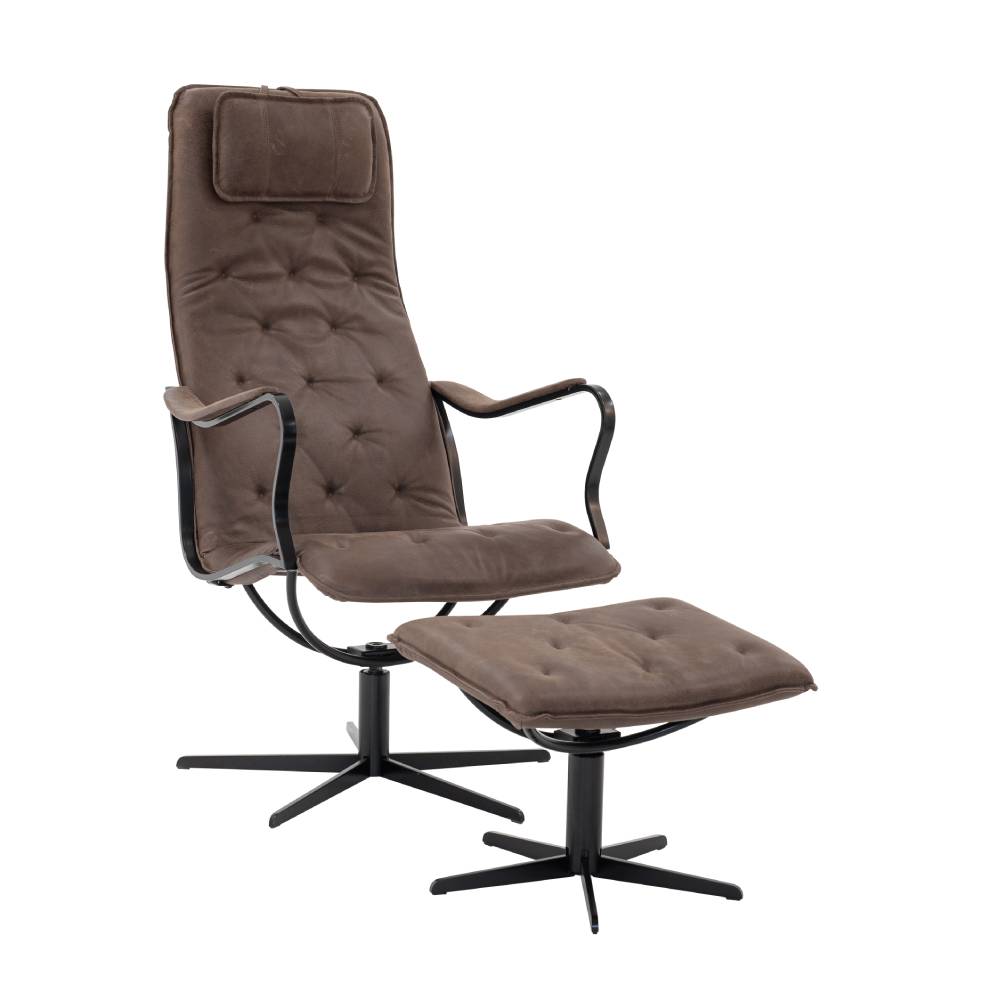 Chic metall fåtölj + pall, skinn Vintage Brown