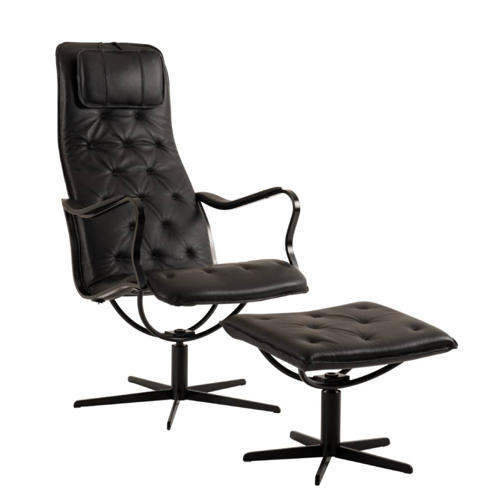 Chic metall fåtölj + pall, svart skinn Grand